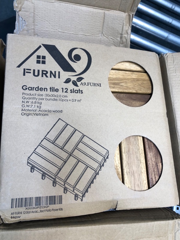 Photo 3 of A9 FURNI 12-Slat Acacia Wood Teak Color Waterproof Outdoor & Indoor Flooring Interlocking Deck Tiles (10pcs,12''x12'') - Great Balcony Wooden Garden Decking Tile & Perfect Patio Paver Kits