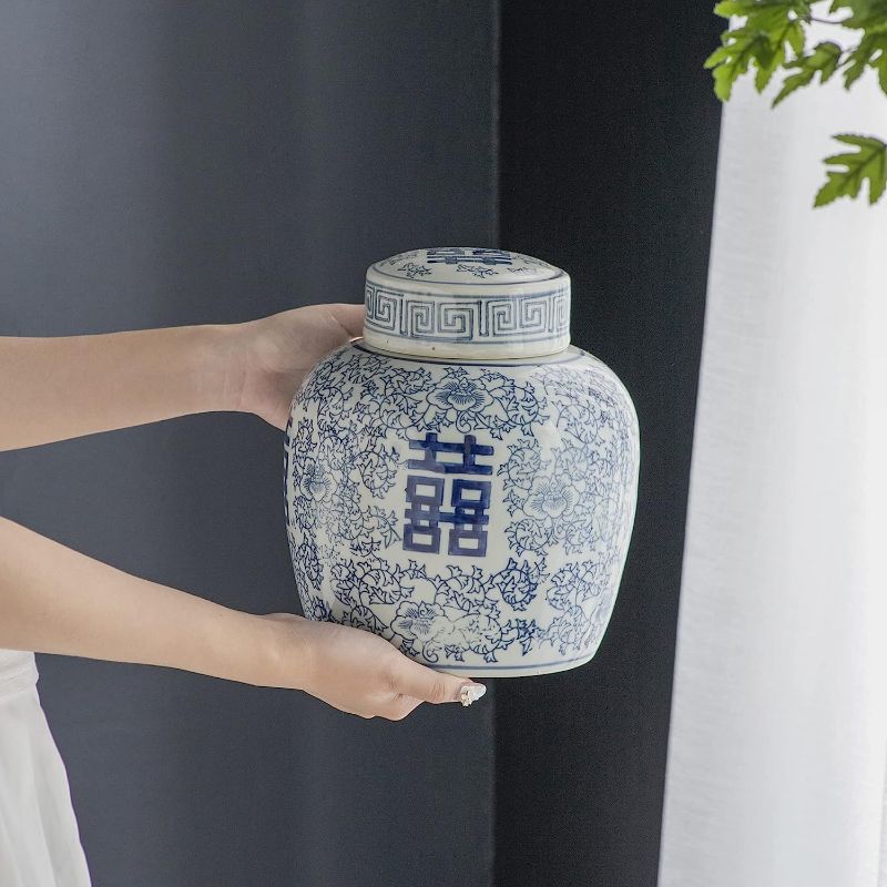 Photo 1 of A&B Home Blue and White Ceramic Ginger Jar with Lid Ancient Chinese Oriental Style Multi Purpose
