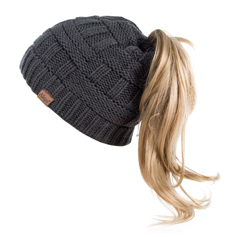 Photo 1 of Alepo High Messy Bun Beanie Hat with Ponytail Hole, Dark Gray 