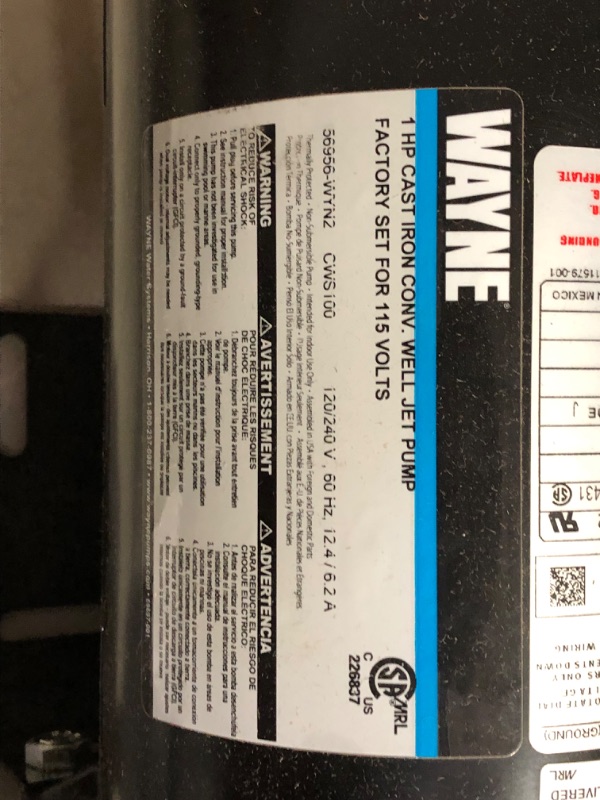 Photo 4 of ***NOT FUNCTIONAL - FOR PARTS - NONREFUNDABLE - SEE COMMENTS***
WAYNE CWS100 - 1 HP Cast Iron Convertible Jet Well Pump - Up to 588 Gallons Per Hour