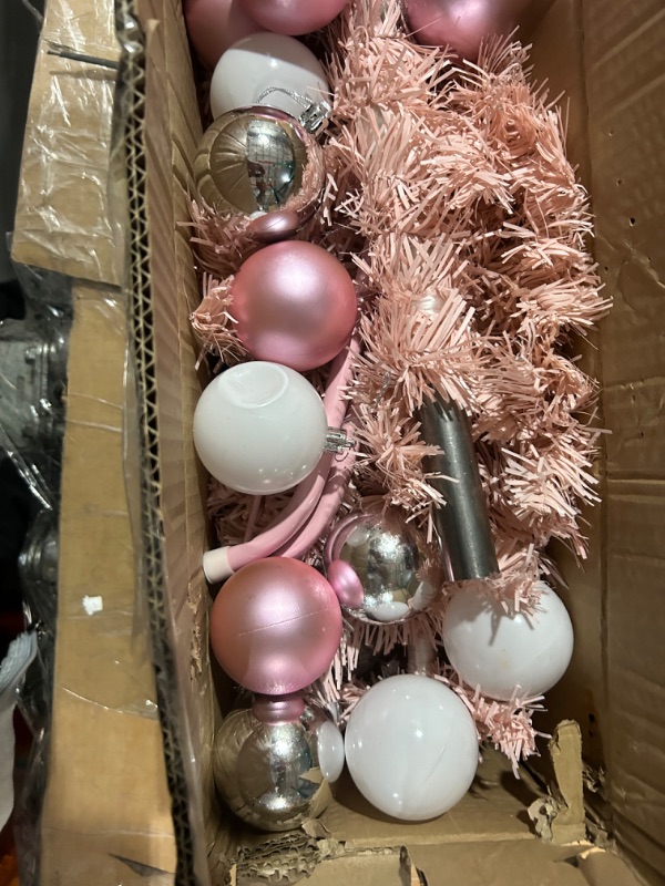 Photo 3 of 4ft Pink Premium Artificial Christmas Pine Tree Set for Home, Office, Party Decoration w/ 300 Branch Tips and Stand, 120 White Lights, Christmas Balls Set