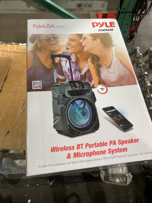 Photo 2 of Pyle 400W Portable Bluetooth PA Loudspeaker - 8” Subwoofer System, 4 Ohm/55-20kHz, USB/MP3/FM Radio/ ¼ Mic Inputs, Multi-Color LED Lights, Built-in Rechargeable Battery w/ Remote Control -PPHP844B