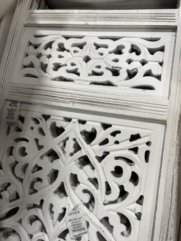 Photo 3 of The Wooden Town Room Divider Wood Screen - Mughal Handmade Hinged Foldable Partition Screen Panels with Intricately Carved Designs, 4 Panel Room Divider 64x48, White Antique Antique White 4 Panel