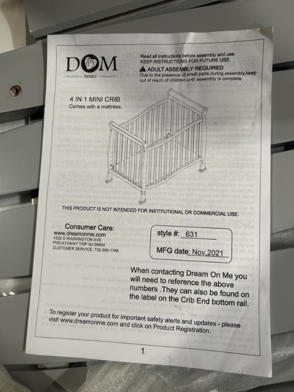 Photo 3 of **SEE NOTES/NON-REFUNDABLE FOR PARTS**
Dream On Me Violet 4-in-1 Convertible Mini Crib in Pebble Grey, Greenguard Gold Certified, JPMA Certified, 3 Position Mattress Height Settings, Non-Toxic Finish Pebble Grey Crib