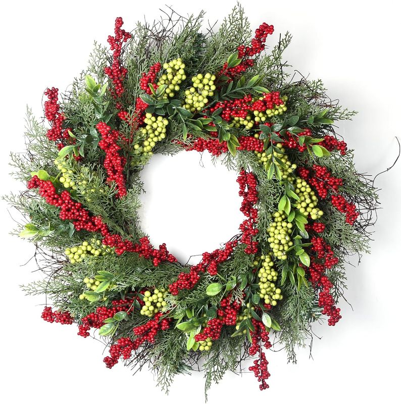 Photo 1 of 24" Door Wreath, Berry Wreath Winter Wreath Christmas Wreaths Front Door Decoration Wreath Winter Handmade Artificial Wreaths for Front Home Kitchen...
