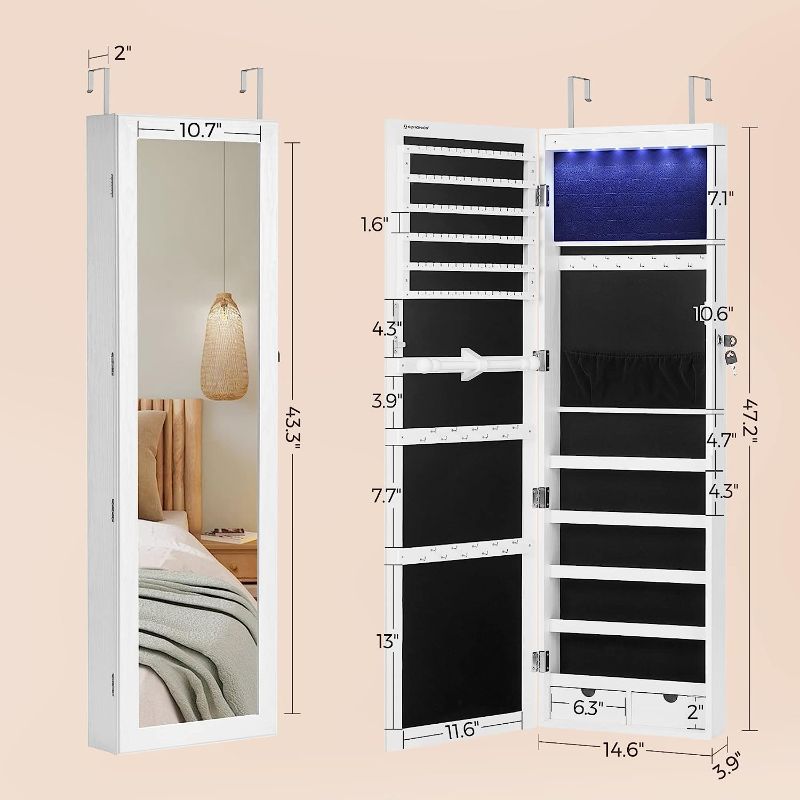 Photo 2 of **MINOR DAMAGE** SONGMICS 6 LEDs Mirror Jewelry Cabinet, 47.2-Inch Tall Lockable Wall or Door Mounted Jewelry Armoire Organizer with Mirror, 2 Drawers, 3.9 x 14.6 x 47.2 Inches, Christmas Gifts, White