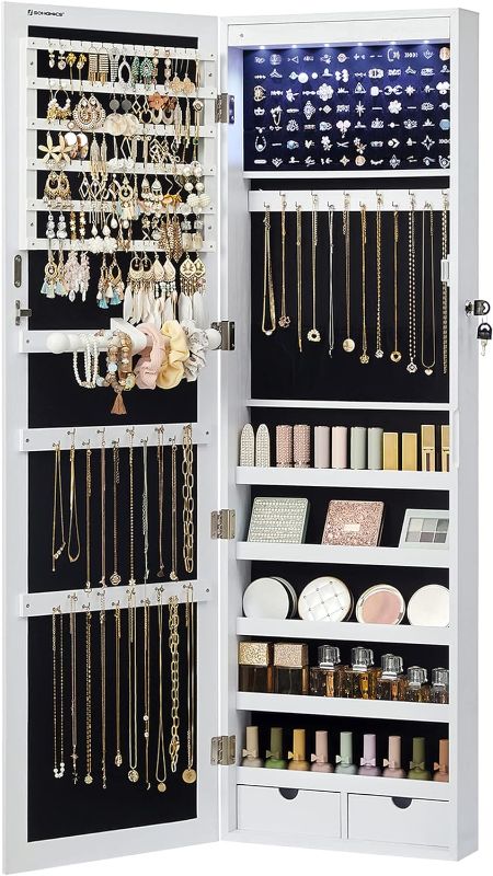 Photo 1 of **MINOR DAMAGE** SONGMICS 6 LEDs Mirror Jewelry Cabinet, 47.2-Inch Tall Lockable Wall or Door Mounted Jewelry Armoire Organizer with Mirror, 2 Drawers, 3.9 x 14.6 x 47.2 Inches, Christmas Gifts, White