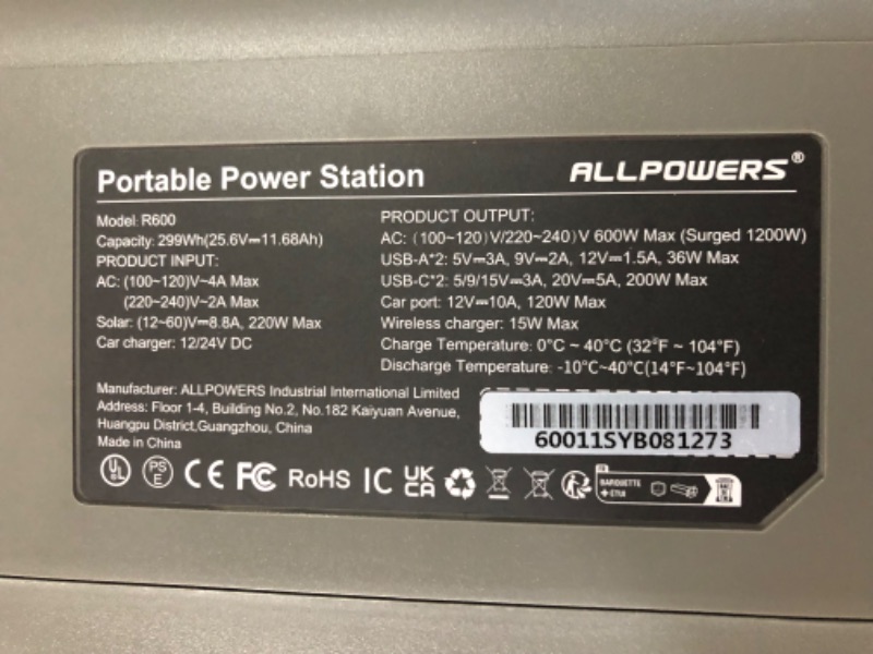 Photo 4 of ALLPOWERS 299Wh 600W Portable Power Station R600, LiFePO4 Battery Backup with UPS Function,