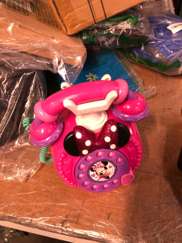 Photo 2 of Disney Junior Minnie Mouse Ring Me Rotary Phone with Lights and Sounds, Pretend Play Phone for Kids, by Just Play,Multi-color,7.5 x 5.75 x 7.75 inches Sparkling Bow-tie