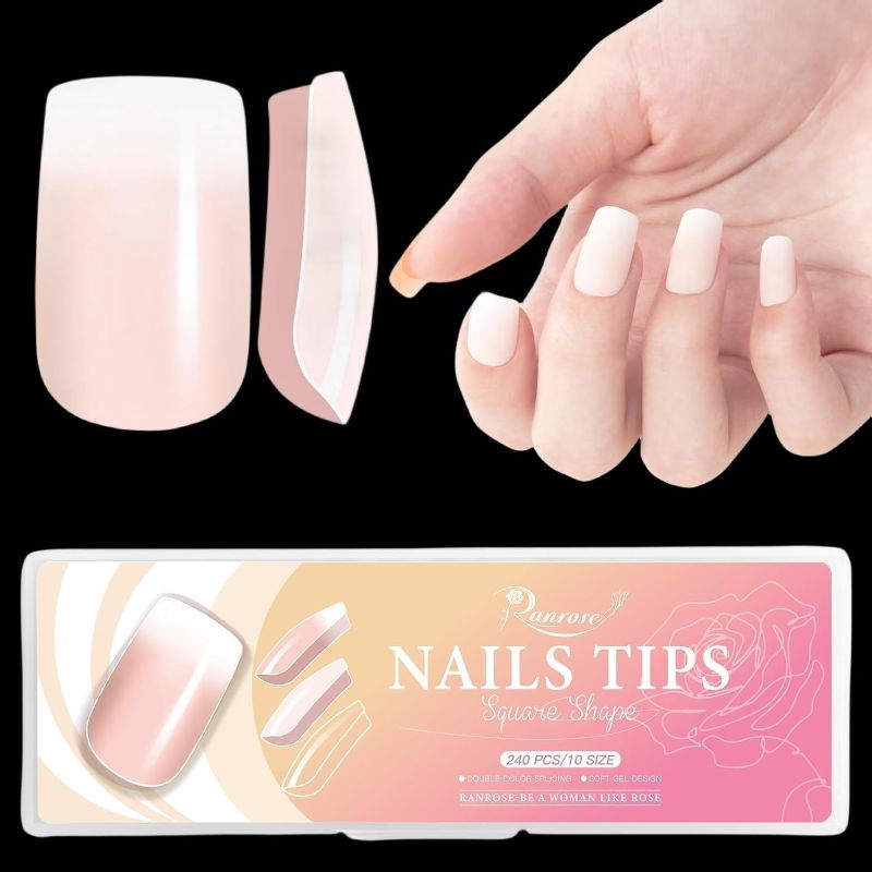 Photo 1 of * SEE NOTES * Ranrose 240PCS Square Nail Tips 3 in 1 Medium French Matte Full Cover Nail Tips 10 Sizes Double Color Pink gradient Acrylic False Nail No Needed File Press On Nails for Women Girls Nail Extensions White+Pink Square Nail Tips