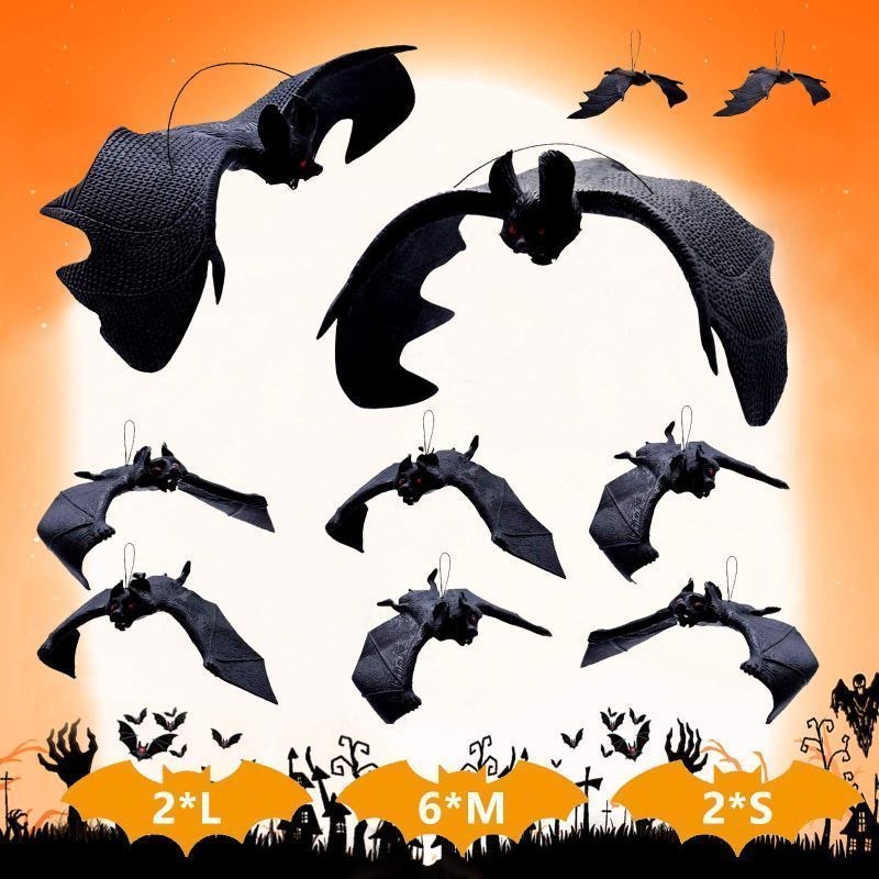 Photo 1 of * 2 PACK * Supersfel Halloween Hanging Bats Decorations, 10 pcs Creepy Flying Rubber Bats Decor for Outdoor & Indoor, Realistic Looking Spooky Bats for Halloween Party Supplies Prank Toy Haunted House Decoration