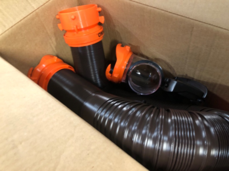 Photo 2 of Camco 20' (39742) RhinoFLEX 20-Foot RV Sewer Hose Kit, Swivel Transparent Elbow with 4-in-1 Dump Station Fitting-Storage Caps Included , Black , Brown 20ft Sewer Hose Kit Frustration-Free Packaging