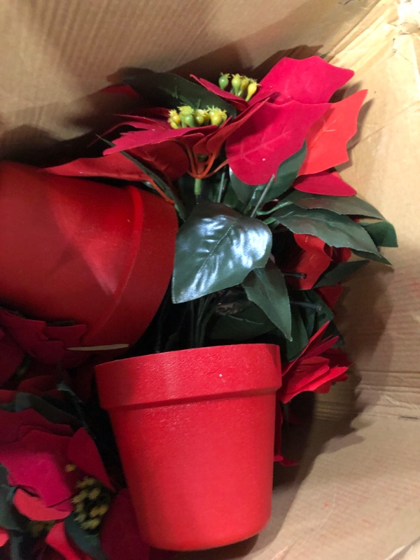 Photo 4 of (USED/MINOR DAMAGE) Yilloog Potted Pre Lit Artificial Poinsettia Plant Arrangement LED Lighted Christmas Faux Poinsettias Flower Red (Red Pot, 6 Pcs)