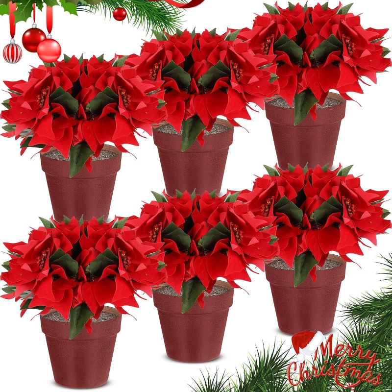 Photo 1 of (USED/MINOR DAMAGE) Yilloog Potted Pre Lit Artificial Poinsettia Plant Arrangement LED Lighted Christmas Faux Poinsettias Flower Red (Red Pot, 6 Pcs)