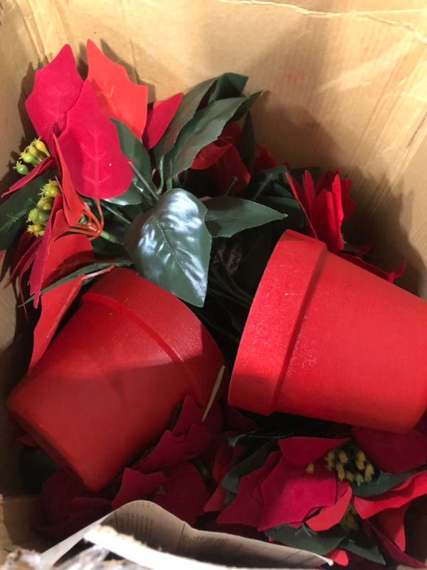 Photo 2 of (USED/MINOR DAMAGE) Yilloog Potted Pre Lit Artificial Poinsettia Plant Arrangement LED Lighted Christmas Faux Poinsettias Flower Red (Red Pot, 6 Pcs)