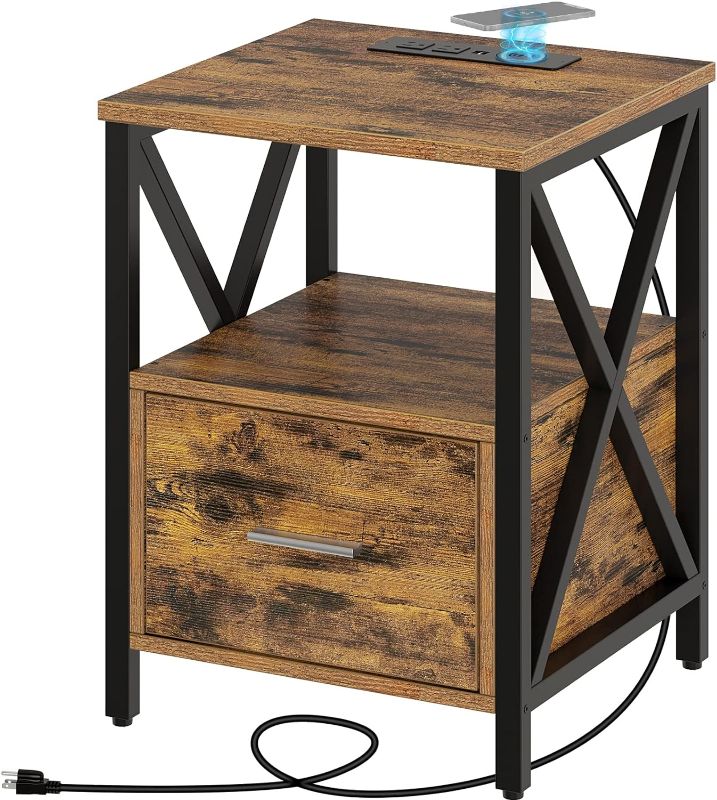 Photo 1 of ***Spare parts only***Rolanstar End Table with Wireless Charging Station, Nightstand with Power Outlet & USB Ports, Farmhouse Side Table with Drawer Storage Shelf for Living Room, Bedroom, Rustic Brown