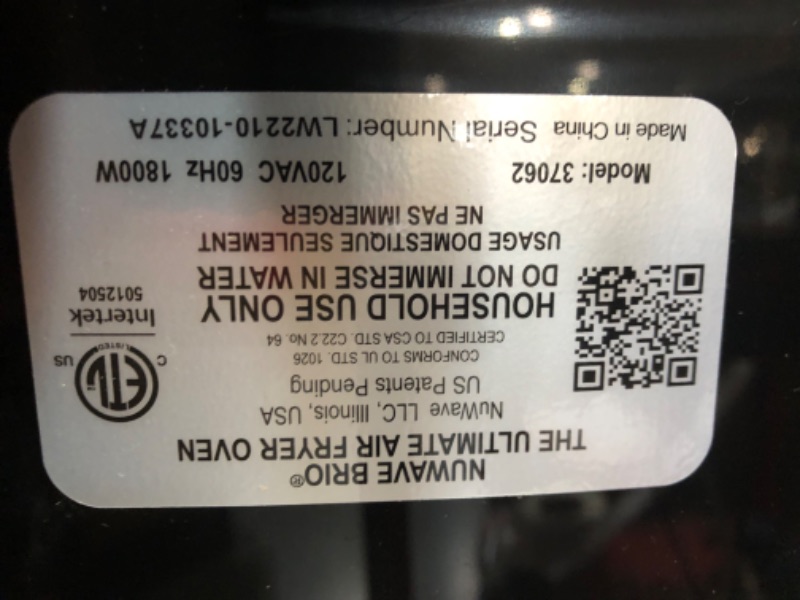 Photo 6 of **NONREFUNDABLE**FOR PARTS OR REPAIR**SEE NOTES**
Nu Wave Brio 7-in-1 Air Fryer Oven, 7.25-Qt with One-Touch Digital Controls, 50°- 400°F Temperature Controls in 5° Increments, Linear Thermal (Linear T) for Perfect Results, Black 7.25QT Brio