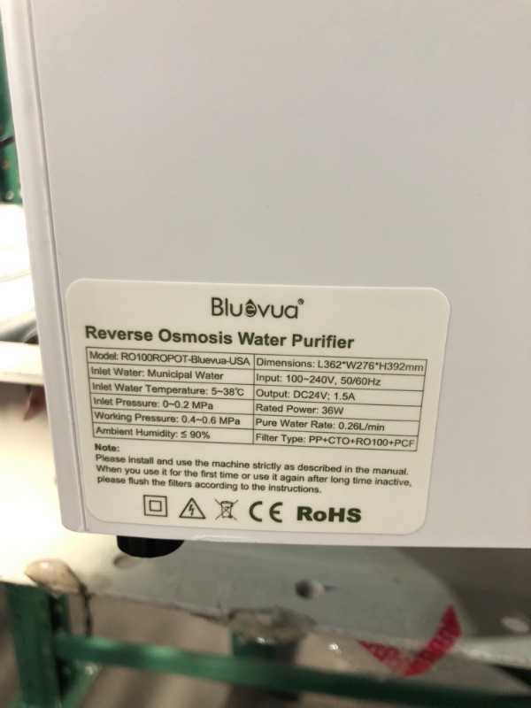 Photo 9 of *see notes*
Bluevua RO100ROPOT Reverse Osmosis System Countertop Water Filter, 4 Stage Purification, Counter RO Filtration, 2:1 Pure to Drain, Purified Tap Water, Portable Water Purifier for Home
