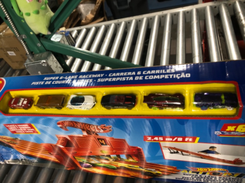 Photo 4 of ?Hot Wheels Track Set with 6 1:64 Scale Toy Cars and 6-Lane Race Track, Includes Track Storage and Lights and Sounds, Super 6-Lane Raceway ???