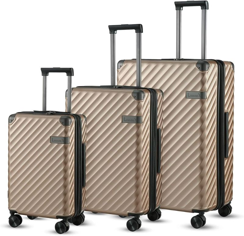 Photo 1 of ***DAMAGED - SCUFFED AND SCRAPED - ONE OF THE WHEELS ON THE LARGEST LUGGAGE PIECE IS MISSING***
LUGGEX All Expandable Hard Shell Luggage Sets with Spinner Wheels - 100% PC 3 Piece Suitcase Set - 4 Aluminum Corner for Hassle-Free Travel  20/24/28 SET Gun