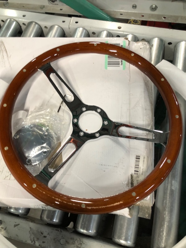 Photo 3 of MR HELLO 15" Inch Classic Wood Grain Grip Steering Wheel 3 Spoke Riveted 380mm 6 Bolt with Horn Button (long hole)