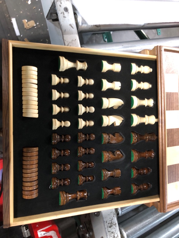 Photo 3 of AMEROUS 15" x 15" Wooden Chess & Checkers Set with Built-in Storage Drawers / Weighted Chess Pieces / 2 Bonus Extra Queens / 24 Cherkers Pieces / Classic 2in1 Board Games Chess Sets for Kids, Adults