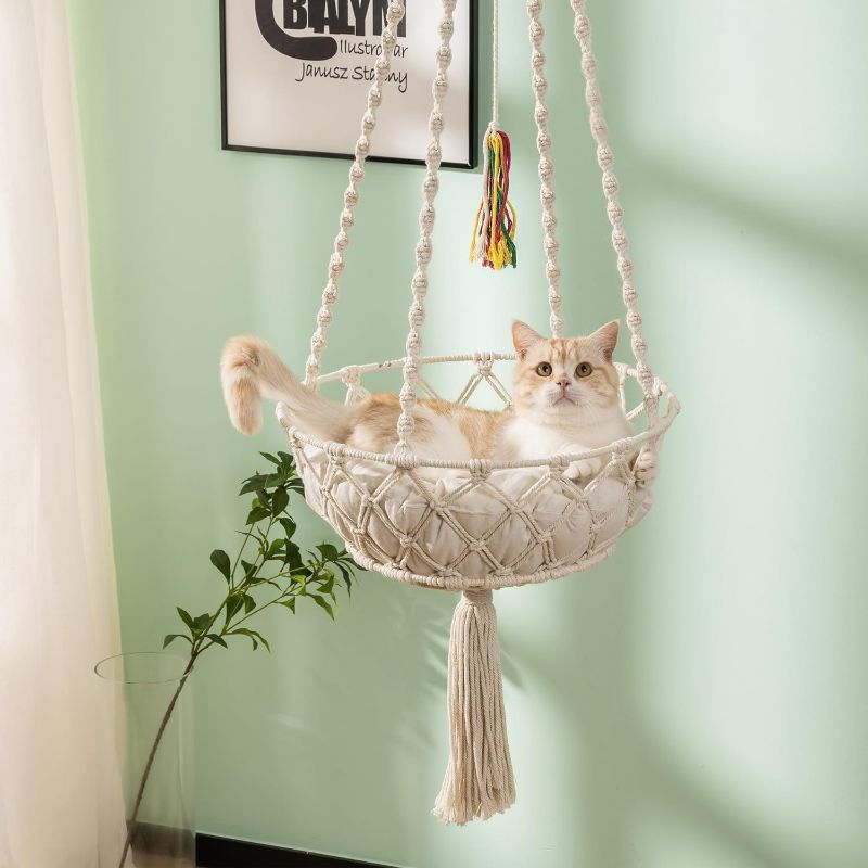 Photo 1 of ***stock photo***Cat Hammock, Handwoven Cat Swing Bed Wall Hanging Window Perch with Washed Cotton Mat & Tassel Basket Tapestry for Indoor Cats