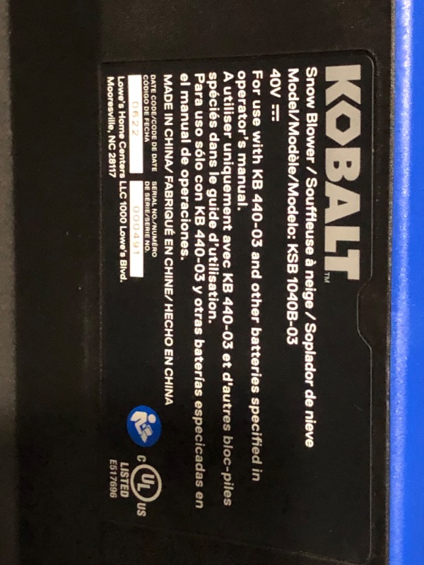 Photo 12 of ***NOT FUNCTIONAL - SEE COMMENTS***
Kobalt 40-volt 20-in Single-stage Push Cordless Electric Snow Blower 6 Ah (Battery and Charger Included)