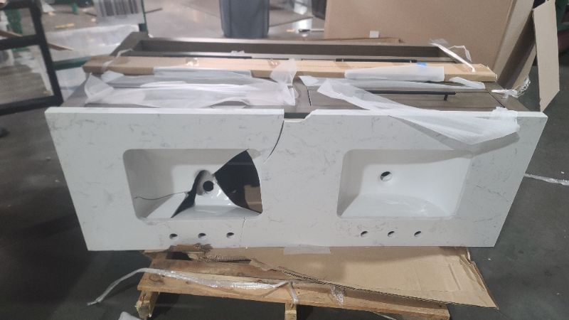Photo 1 of ***parts only nonrefundable****  see pictures*****allen + roth Kennilton 60-in Gray Oak Undermount Double Sink Bathroom Vanity with White Carrera Engineered Stone Top