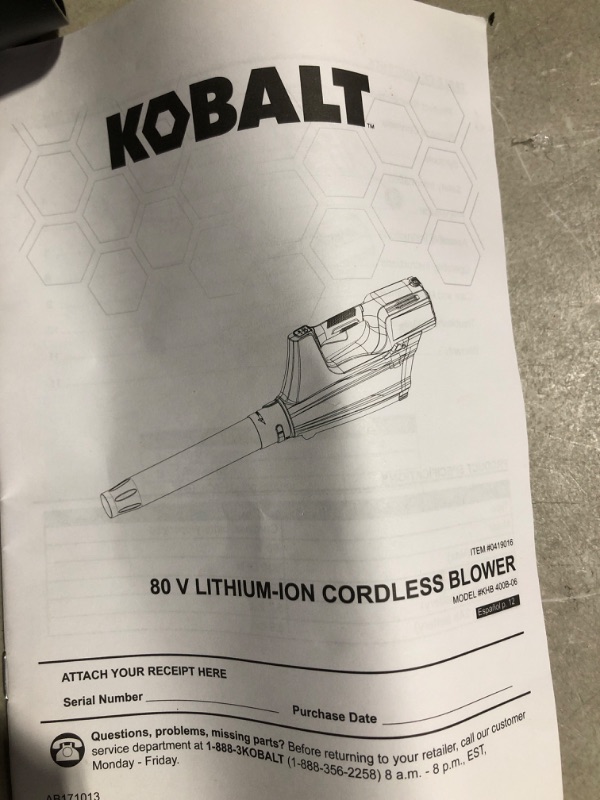 Photo 7 of * important * see notes *
Kobalt Gen4 40-Volt 520-CFM 120-MPH Brushless Handheld Cordless Electric Leaf Blower (Tool Only)