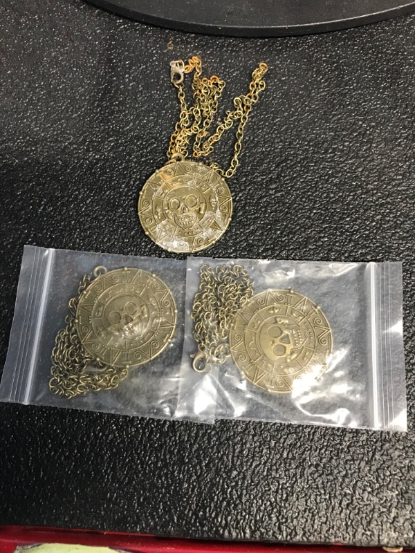 Photo 2 of **BUNDLE OF 3** Yissw Round Gold Coin Skull Necklace Pendant Dress Accessory Movie