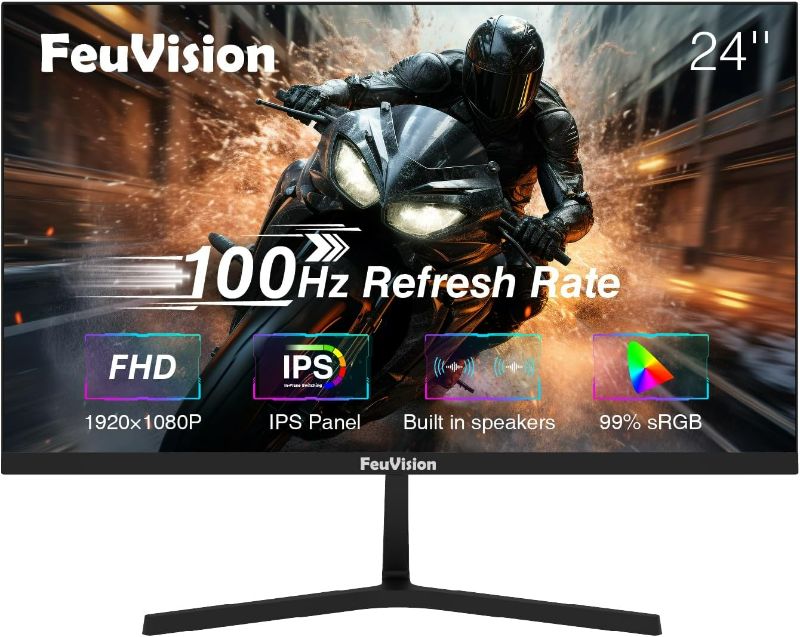 Photo 1 of FeuVision 24 inch Monitor 1080p FHD, 100Hz, IPS Panel, Gaming & Office Computer Monitor, 3-Sided Frameless & Ultra Slim, VESA Mountable, 99% 