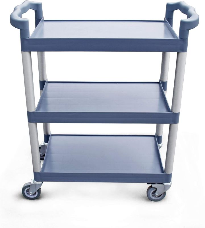 Photo 1 of **NONREFUNDABLE - SEE NOTES***
New Star Foodservice 54569 350-Pound Plastic 3-Tier Utility Bus Cart with Locking Casters, 42.5 "x19.5" x 38.5", Gray Gray 42.5" x 19.5" x 38.5"