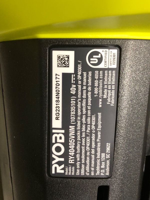 Photo 3 of ***USED - NO BATTERY - UNABLE TO TEST - NOZZLE MISSING***
RYOBI 40-Volt Lithium-Ion Cordless Battery Leaf Vacuum/Mulcher (Tool Only)