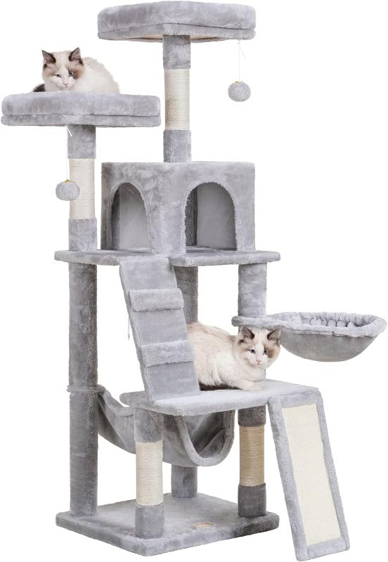 Photo 1 of Heybly Cat Tree, Cat Tower for Indoor Cats,Multi-Level Cat Furniture Condo for Cats with Padded Plush Perch, Cozy Basket and Scratching Board Light Gray HCT014W
