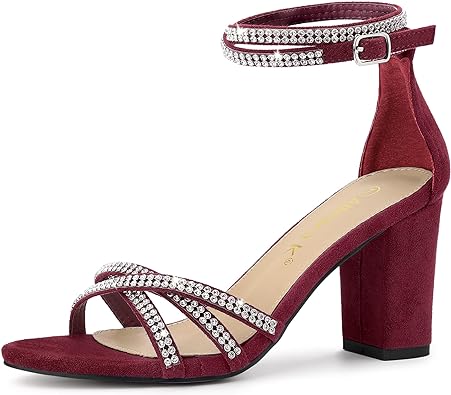 Photo 1 of Allegra K Women's Rhinestones Strappy Chunky Heel Sandals Burgundy 11
