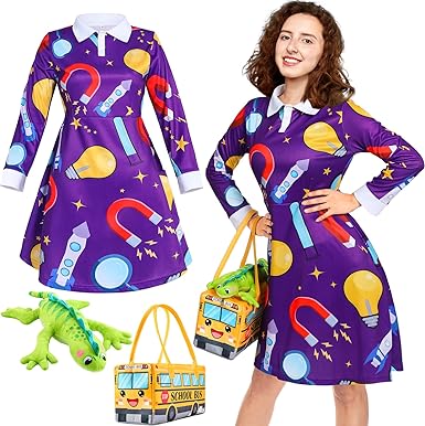 Photo 1 of ***READ NOTES***3 Pcs Women Halloween Costume Set Vintage Long Sleeve Dress with School Bus Bag for Role Party
