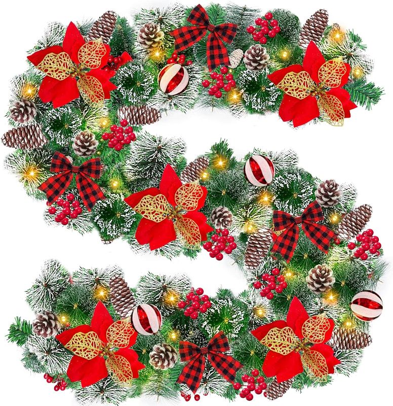 Photo 2 of [ Timer & 8 Modes ] 9 Ft 10 Inch 100 LED Prelit Christmas Garland Decoration with Lights 300 Thick Snowy Tips 198 Red Berries 18 Pinecone 18 Ball 6 Poinsettia Battery Operated Mantle Fireplace Indoor