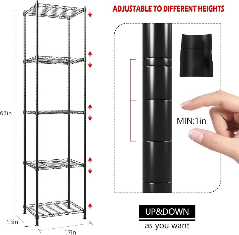 Photo 3 of (READ NOTES) ZHAZHADI Metal Storage Rack 5 Tier Adjustable Storage Shelf Wire Shelving Unit Storage Shelves Metal 660Lbs Capacity 17" L x 13" W x 63" H for Pantry Closet Kitchen Laundry Black