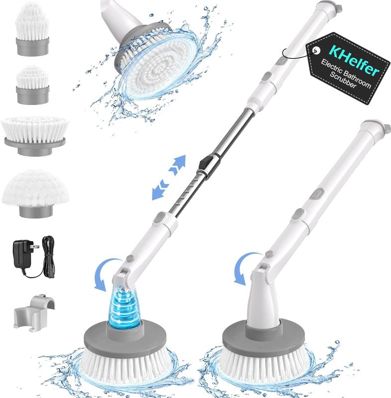 Photo 1 of (READ NOTES) kHelfer Electric Spin Scrubber Kh8, 2023 New Cordless Shower Scrubber, 4 Replacement Head, 1.5H Bathroom Scrubber Dual Speed, Shower Cleaning Brush with Extension Arm for Bathtub Grout Tile Floor