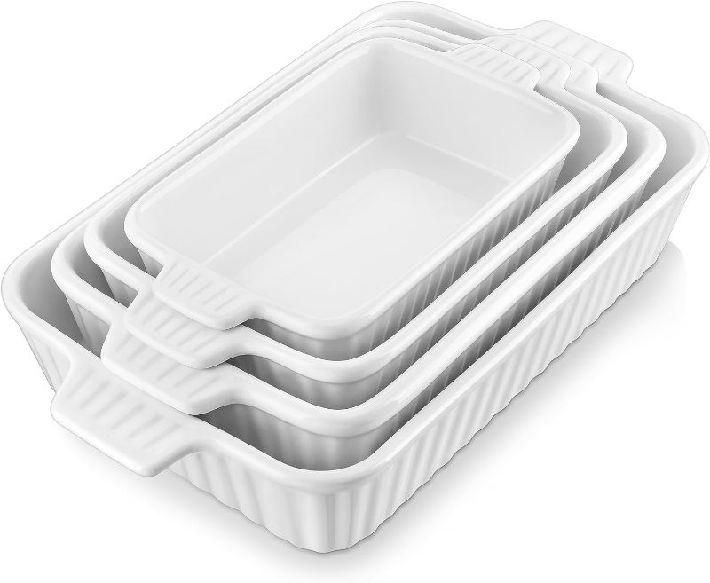 Photo 1 of (READ NOTES) MALACASA Casserole Dishes for Oven, Porcelain Baking Dishes, Ceramic Bakeware Sets of 4, Rectangular Lasagna Pans Deep with Handles for Baking Cake Kitchen, White (9.4"/11.1"/12.2"/14.7"), Series BAKE.BAKE