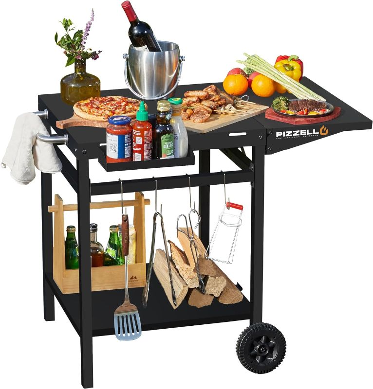 Photo 1 of (READ NOTES) PIZZELLO Outdoor Grill Cart Movable Pizza Oven Table Stand Double-Shelf Trolley Dining Cart Foldable Tabletop Food Prep Worktable with 2 Wheels, 4 Hooks
