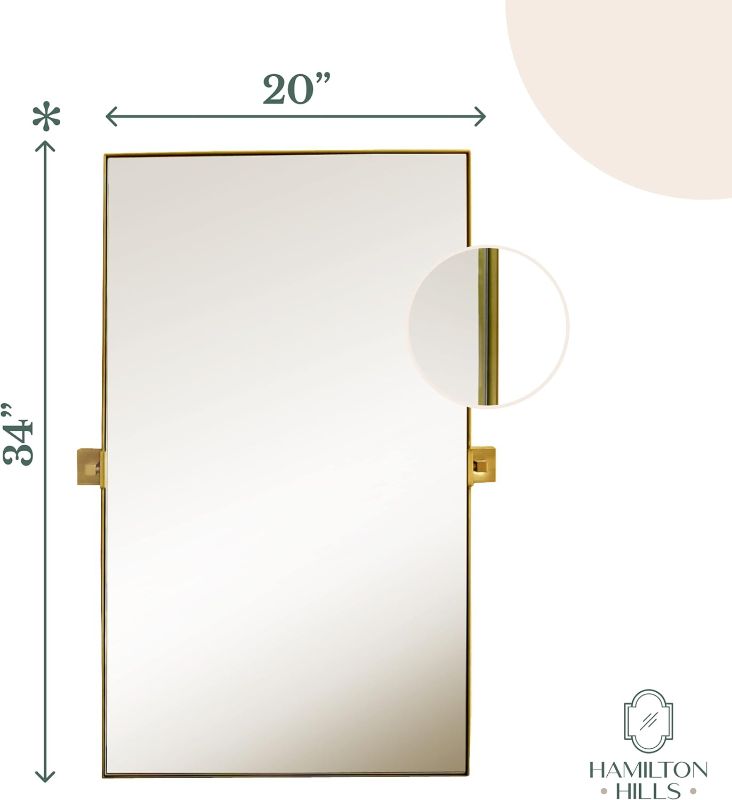 Photo 2 of (READ NOTES) Hamilton Hills 20x34 inch Gold Metal Framed Rectangular Pivot Mirror for Wall | Beveled Frame Vanity Mirror Wall Decor | Wall-Mounted Bedroom, Bathroom Mirror with Hinges Brackets Included