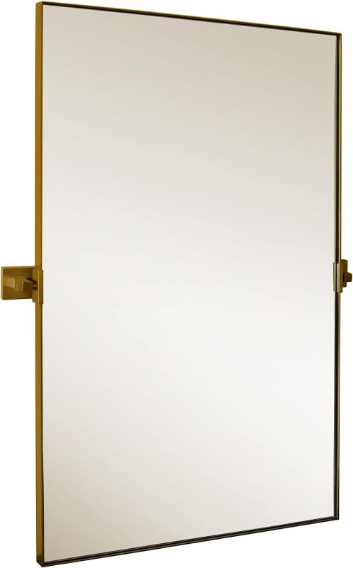 Photo 1 of (READ NOTES) Hamilton Hills 20x34 inch Gold Metal Framed Rectangular Pivot Mirror for Wall | Beveled Frame Vanity Mirror Wall Decor | Wall-Mounted Bedroom, Bathroom Mirror with Hinges Brackets Included