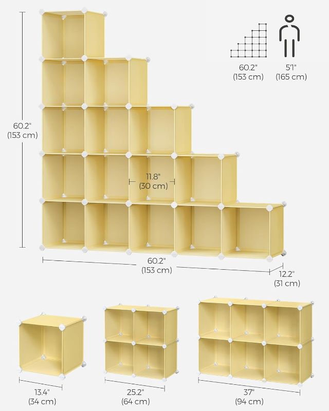 Photo 3 of (READ NOTES) SONGMICS 16-Cube Storage Unit, Shoe Rack, DIY Shelving System, Stackable Cubes, PP Plastic Shelf, Wardrobe, Closet Divider, for Bedroom, Office, 31 x 123 x 123 cm, Goose Yellow LPC442Y01

