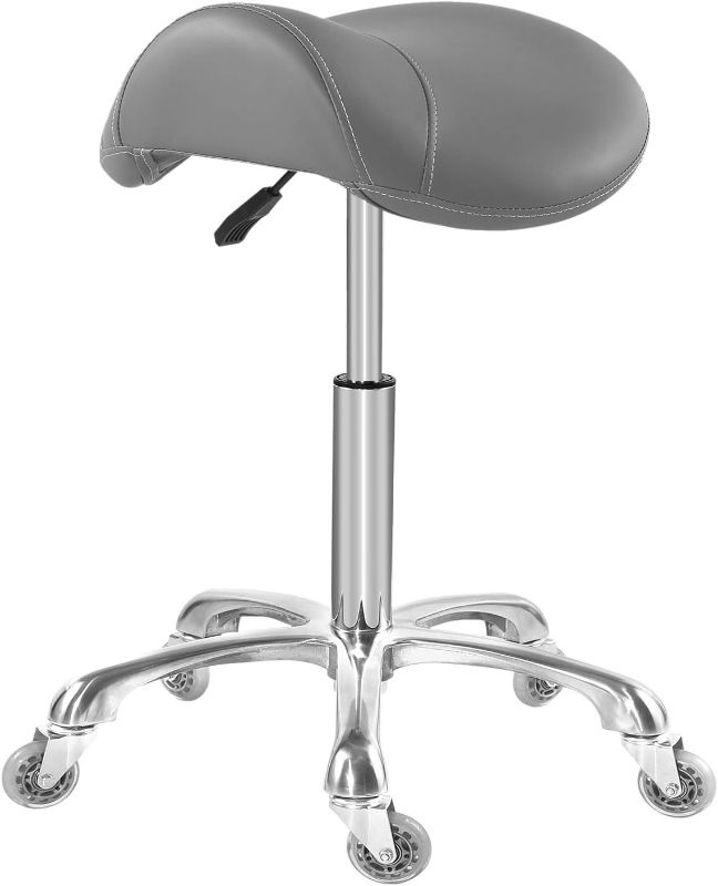 Photo 1 of (READ NOTES) QUEESALN Saddle Stool Rolling Chair Health Saddle Stool Salon Medical Massage Tattoo Beauty SPA Pedicure Make Up Saddle Stool Home Office Saddle Stool Adjustable Hydraulic Stool with Wheels (Grey)
