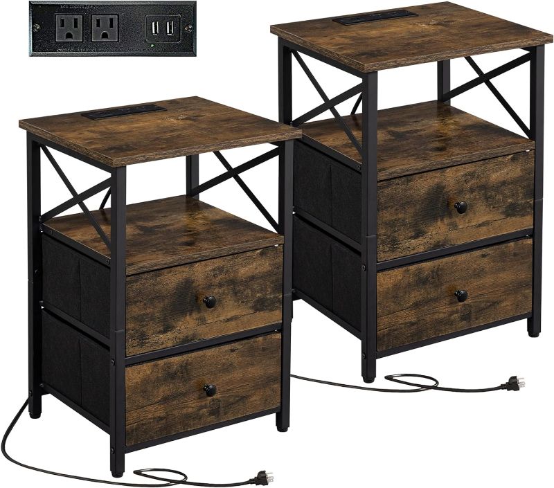 Photo 1 of (READ NOTES) Nightstand with Charging Station Set of 1, Modern End Tables with USB Ports and Outlets, Rustic End Table Dresser with 2 Fabric Drawers and Storage Shelf...
