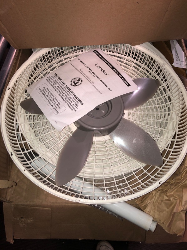 Photo 2 of (READ NOTES) 
Lasko Cyclone Pedestal Fan, Adjustable Height, Remote Control, Timer, 3 Speeds, for Bedroom, Kitchen, Office and Living Room, 18", White, 1885, Large