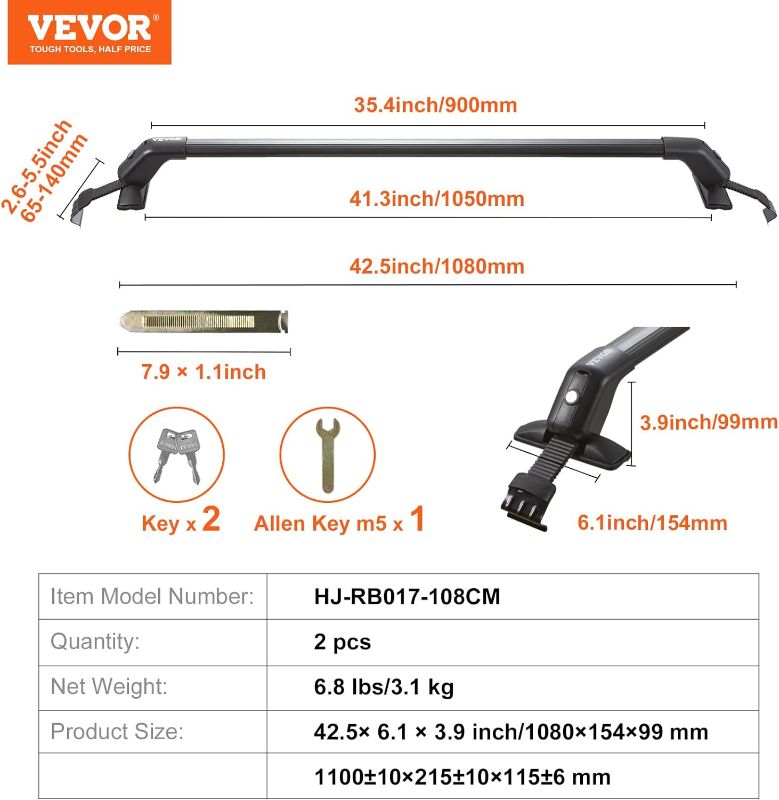 Photo 3 of (READ NOTES) VEVOR Universal Roof Rack Cross Bars, 41.3" Aluminum Roof Rack Crossbars, Fit Roof Without Side Rail, 155 lbs Load Capacity, Adjustable Bare Roof Crossbars with Locks, for SUVs, Sedans, and Vans for Bare Side Rails