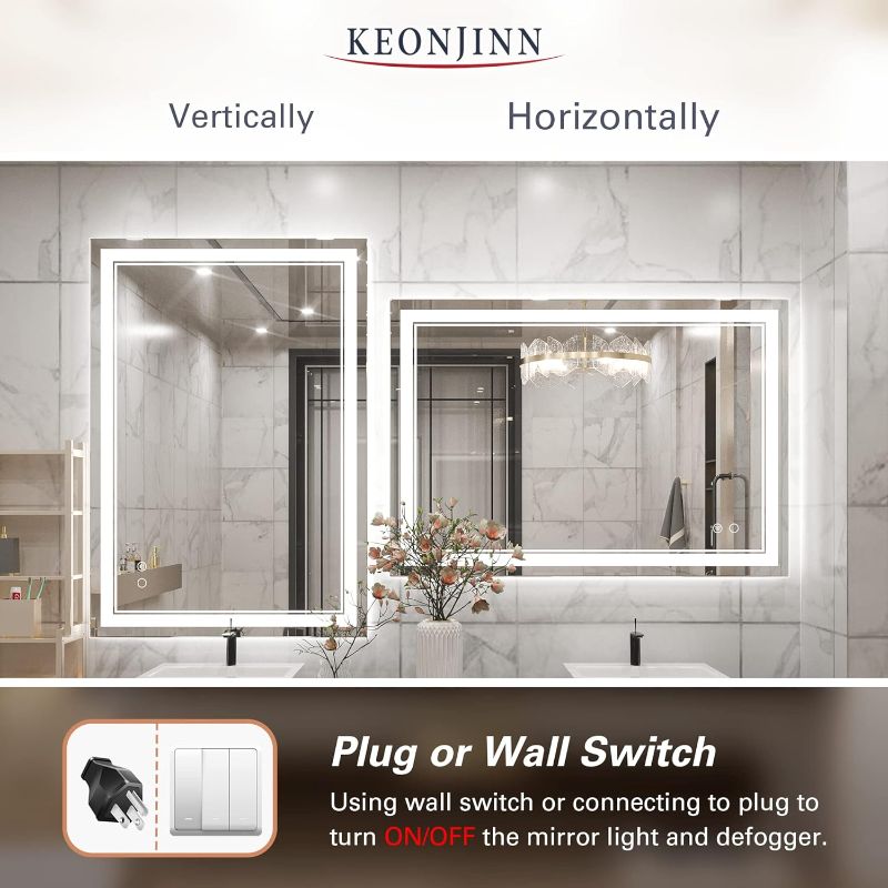 Photo 3 of (READ NOTES) Keonjinn LED Mirror for Bathroom with Lights, 40 x 28 Inch Lighted Vanity Mirror, Wall Mounted Anti-Fog Dimmable Memory Brightness Frontlit Makeup Mirror, IP54,CRI 90+ (Vertical or Horizontal) Square Corner 40x28